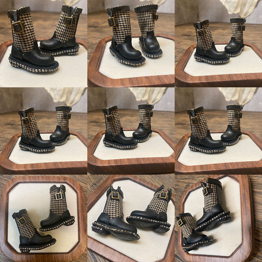 BJD612 30 Days Pre‑order  Suitable for OB22, OB24, BJD, Blythe, Azone Dolls, Houndstooth Mini Patchwork Rhinestone Clay Tall Boots, Inner Shoe Size Approx 32×12mm, Casual Workwear Style, Wearable & Removable, Classic Design, Custom Orders Accepted, W
