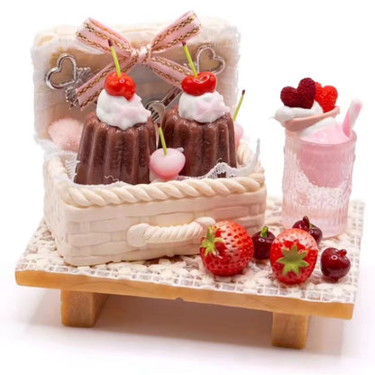 BJD474 30 Days Pre-order Handmade Mini Canele Picnic Basket Dessert Set, Chocolate Cake Cherry Heart Strawberry Miniature Food, DIY Ornament for OB22 OB24 BJD Blythe Dollhouse Decor