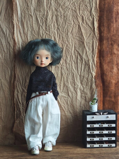 BJD592 30 Days Preorder Suitable for OB22, OB24, BJD, Blythe, Azone Doll | Vintage Washed Linen Rolled Edge Casual Pants & Long Sleeve T-shirt, Classic Outfit, Worldwide Shipping