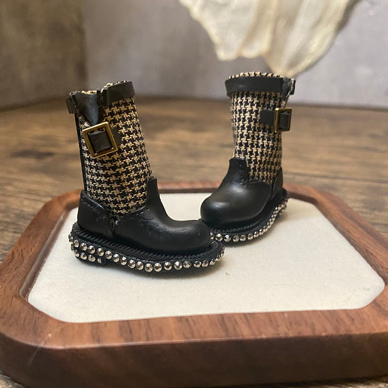 BJD612 30 Days Pre‑order  Suitable for OB22, OB24, BJD, Blythe, Azone Dolls, Houndstooth Mini Patchwork Rhinestone Clay Tall Boots, Inner Shoe Size Approx 32×12mm, Casual Workwear Style, Wearable & Removable, Classic Design, Custom Orders Accepted, W