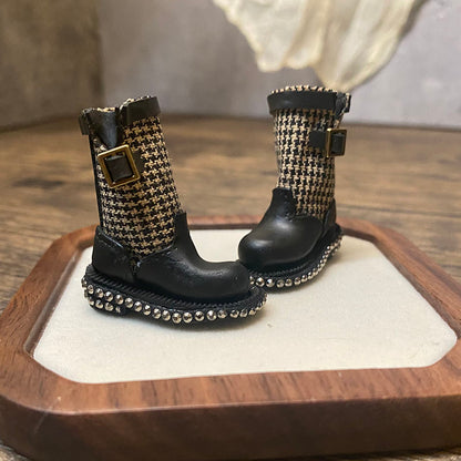 BJD612 30 Days Pre‑order  Suitable for OB22, OB24, BJD, Blythe, Azone Dolls, Houndstooth Mini Patchwork Rhinestone Clay Tall Boots, Inner Shoe Size Approx 32×12mm, Casual Workwear Style, Wearable & Removable, Classic Design, Custom Orders Accepted, W
