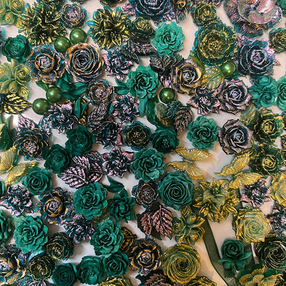 BJD502 About 10‑30g Green Series Iridescent Mixed Soft Rubber Flower Blind Box, Hand‑Sculpted 3D Roses Lotus Peony Camellia Eustoma Butterfly Leaf Bead DIY Craft Accessory for Bouquet Jewelry Making