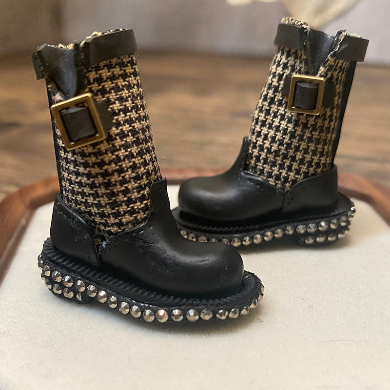 BJD612 30 Days Pre‑order  Suitable for OB22, OB24, BJD, Blythe, Azone Dolls, Houndstooth Mini Patchwork Rhinestone Clay Tall Boots, Inner Shoe Size Approx 32×12mm, Casual Workwear Style, Wearable & Removable, Classic Design, Custom Orders Accepted, W