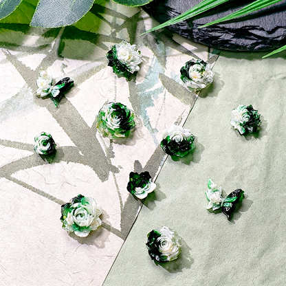 X2382 10Pcs With holes / Without holes Green diffusion-style soft-decorated butterfly nail art accessories resin three-dimensional rose flower DIY handmade ear studs, bracelets, accessories, bracelets, earrings
