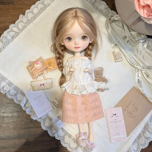TKA8 30 Days Pre-order Hand Sewn Doll Outfit, Custom Pattern Lace Trim Tube Top & Ruffled Midi Skirt Set Compatible with OB24 1/6 Big Eye Fashion Doll Body