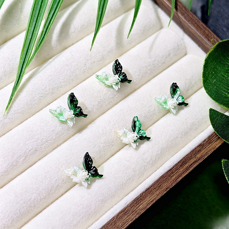 X2382 10Pcs With holes / Without holes Green diffusion-style soft-decorated butterfly nail art accessories resin three-dimensional rose flower DIY handmade ear studs, bracelets, accessories, bracelets, earrings