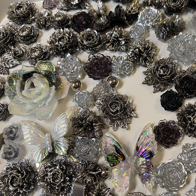 BJD491 random 10/30g Per Pack Black‑Gray Iridescent Mixed Soft Rubber Flower Blind Box, Hand‑Rolled 3D Rose Lotus Butterfly Peony Camellia Lisianthus, Ribbon Bead Leaf DIY Bouquet Jewelry Making Supplies