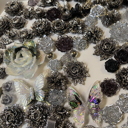 BJD491 random 10/30g Per Pack Black‑Gray Iridescent Mixed Soft Rubber Flower Blind Box, Hand‑Rolled 3D Rose Lotus Butterfly Peony Camellia Lisianthus, Ribbon Bead Leaf DIY Bouquet Jewelry Making Supplies