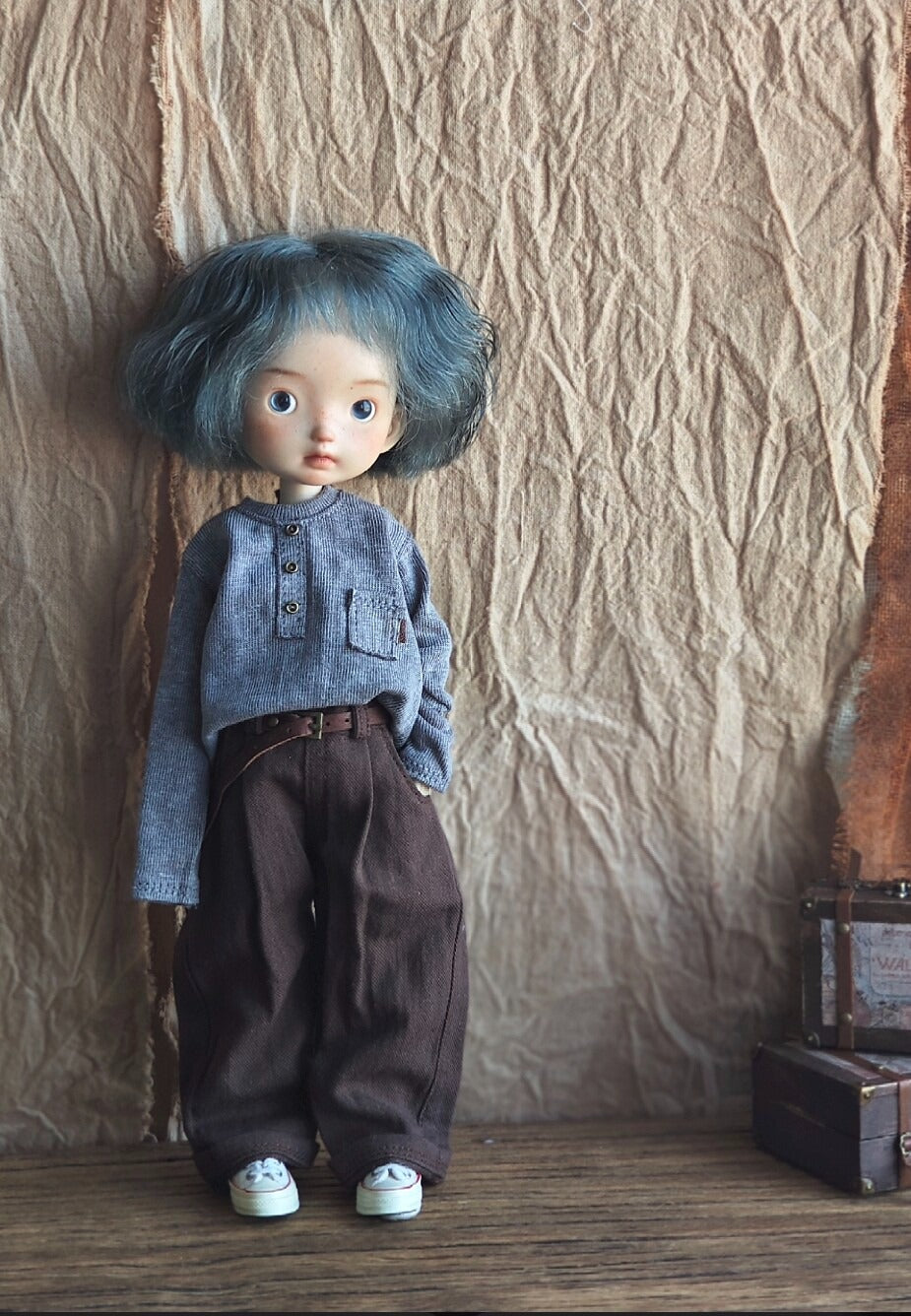 BJD592 30 Days Preorder Suitable for OB22, OB24, BJD, Blythe, Azone Doll | Vintage Washed Linen Rolled Edge Casual Pants & Long Sleeve T-shirt, Classic Outfit, Worldwide Shipping
