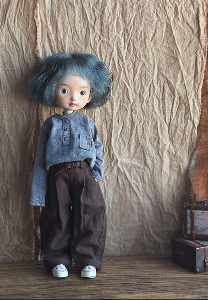 BJD592 30 Days Preorder Suitable for OB22, OB24, BJD, Blythe, Azone Doll | Vintage Washed Linen Rolled Edge Casual Pants & Long Sleeve T-shirt, Classic Outfit, Worldwide Shipping