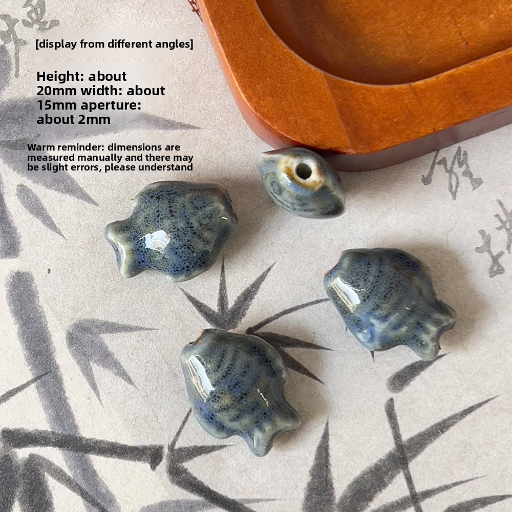 X2300 2Pcs Blue Gray Vintage Ceramic Beads, Lucky Fish Cross Rose Ball & Shell Shapes, Straight Hole Beads Pendants for DIY Bracelet & Necklace Making