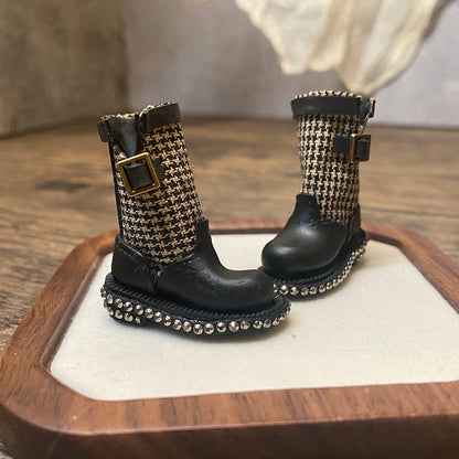 BJD612 30 Days Pre‑order  Suitable for OB22, OB24, BJD, Blythe, Azone Dolls, Houndstooth Mini Patchwork Rhinestone Clay Tall Boots, Inner Shoe Size Approx 32×12mm, Casual Workwear Style, Wearable & Removable, Classic Design, Custom Orders Accepted, W