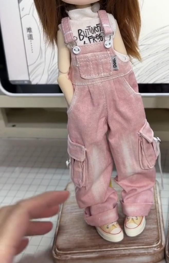 BJD479 30 Days Pre‑order Handmade Vintage Washed Denim Overalls & Custom Print T‑Shirt, Classic Doll Outfit for OB22 OB24 BJD Blythe