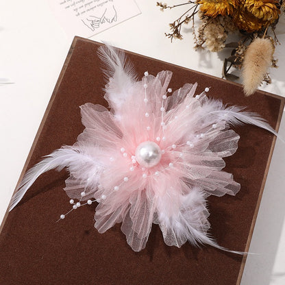 X2324 Three-Dimensional Multi-Layer Pearl Feather Organza Flower Charms, DIY Handmade Base for Earrings Rings Brooches Jewelry Making Bulk Craft Supplies