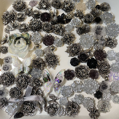 BJD491 random 10/30g Per Pack Black‑Gray Iridescent Mixed Soft Rubber Flower Blind Box, Hand‑Rolled 3D Rose Lotus Butterfly Peony Camellia Lisianthus, Ribbon Bead Leaf DIY Bouquet Jewelry Making Supplies
