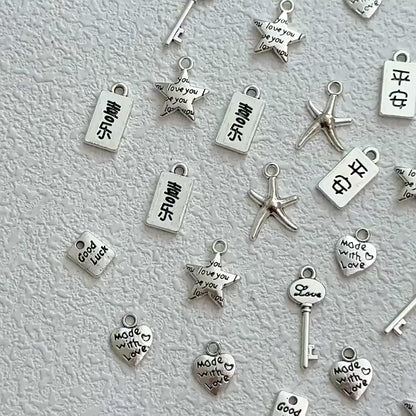 TK103 2Pcs Zinc Alloy Silver Plated Star Letter Heart Key Pendants DIY Handmade Phone Chain Bracelet Accessories