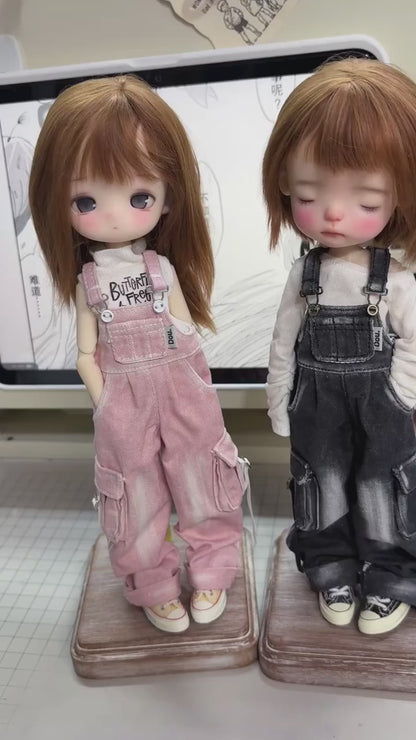 BJD479 30 Days Pre‑order Handmade Vintage Washed Denim Overalls & Custom Print T‑Shirt, Classic Doll Outfit for OB22 OB24 BJD Blythe